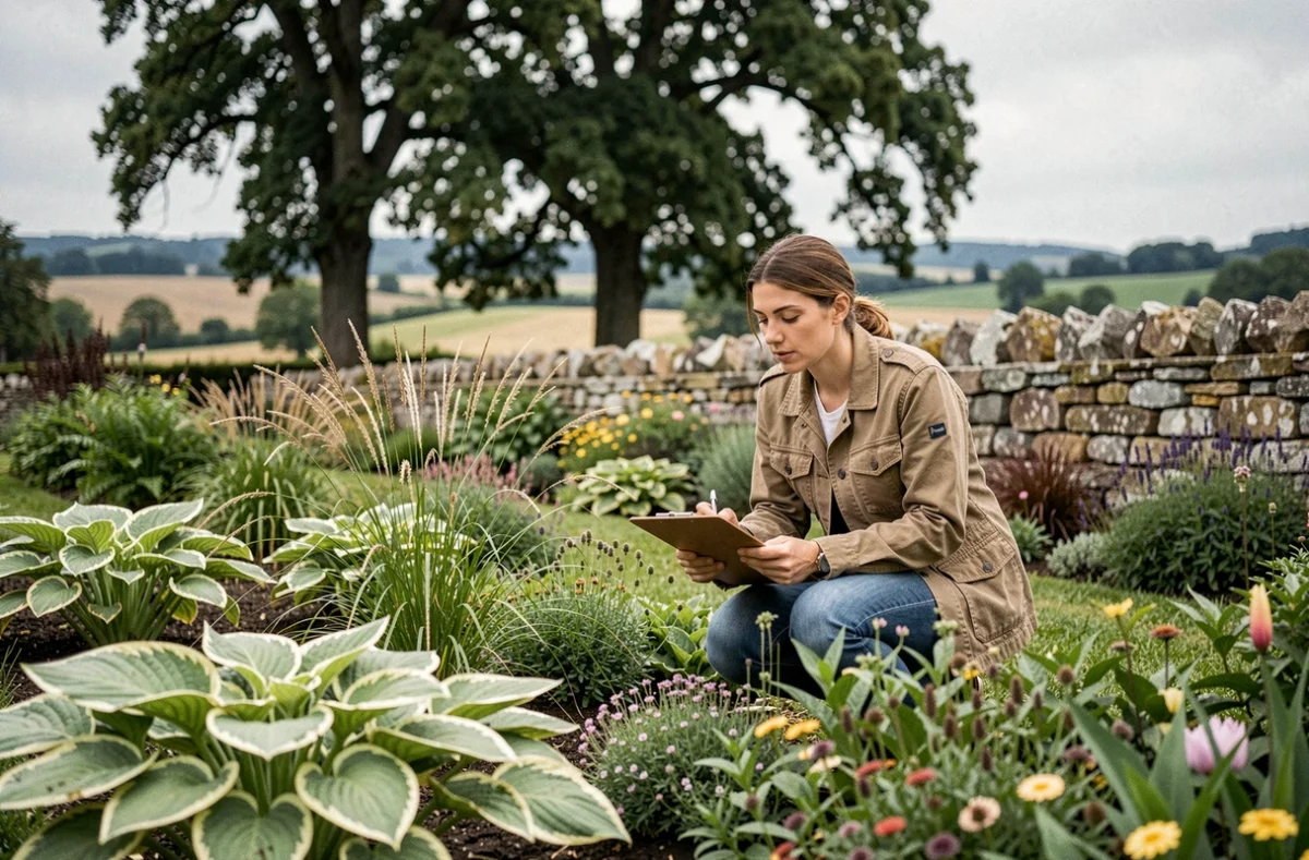 Paysagiste d'Abritium Paysage examinant une plantation dans un jardin en Isère