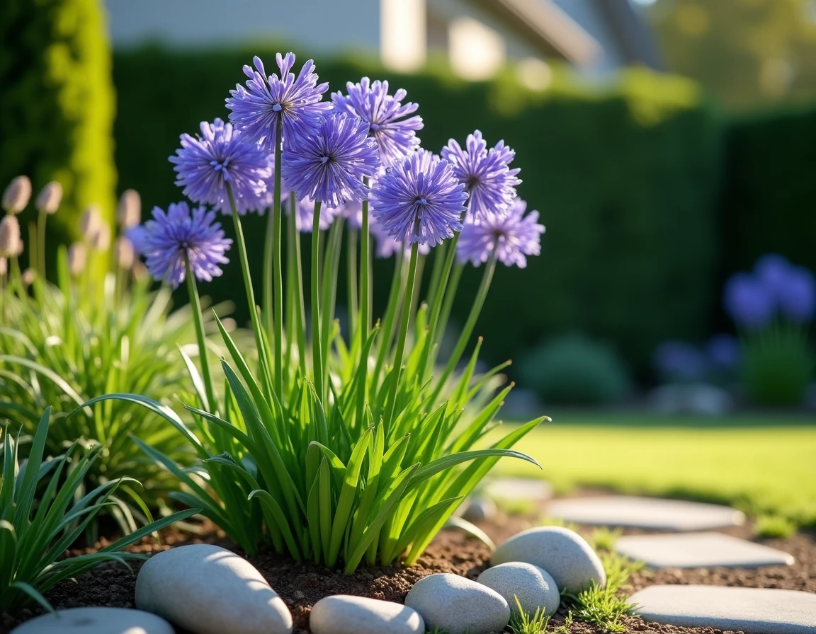 Agapanthes en fleurs bleu-violet plantées en pleine terre dans un massif de jardin