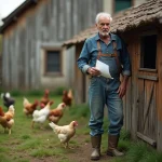 Agriculteur tenant un document administratif devant son poulailler en bois dans un jardin rural, illustrant les obligations de déclaration fiscale