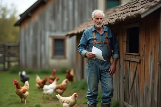 Agriculteur tenant un document administratif devant son poulailler en bois dans un jardin rural, illustrant les obligations de déclaration fiscale
