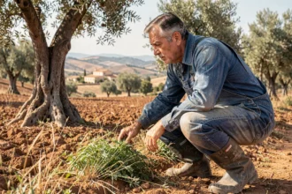 Agriculteur espagnol inspectant des mauvaises herbes entre des oliviers en Andalousie, illustrant l'usage du Roundup Ultra Plus en 2026