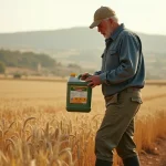 Agriculteur portugais examinant un bidon de glyphosate 360 dans un champ de blé en Alentejo