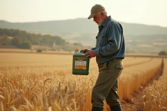 Agriculteur portugais examinant un bidon de glyphosate 360 dans un champ de blé en Alentejo