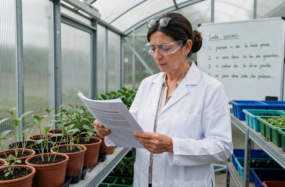Agronome espagnole analysant des documents réglementaires sur le Roundup Ultra Plus dans une serre de recherche agricole moderne