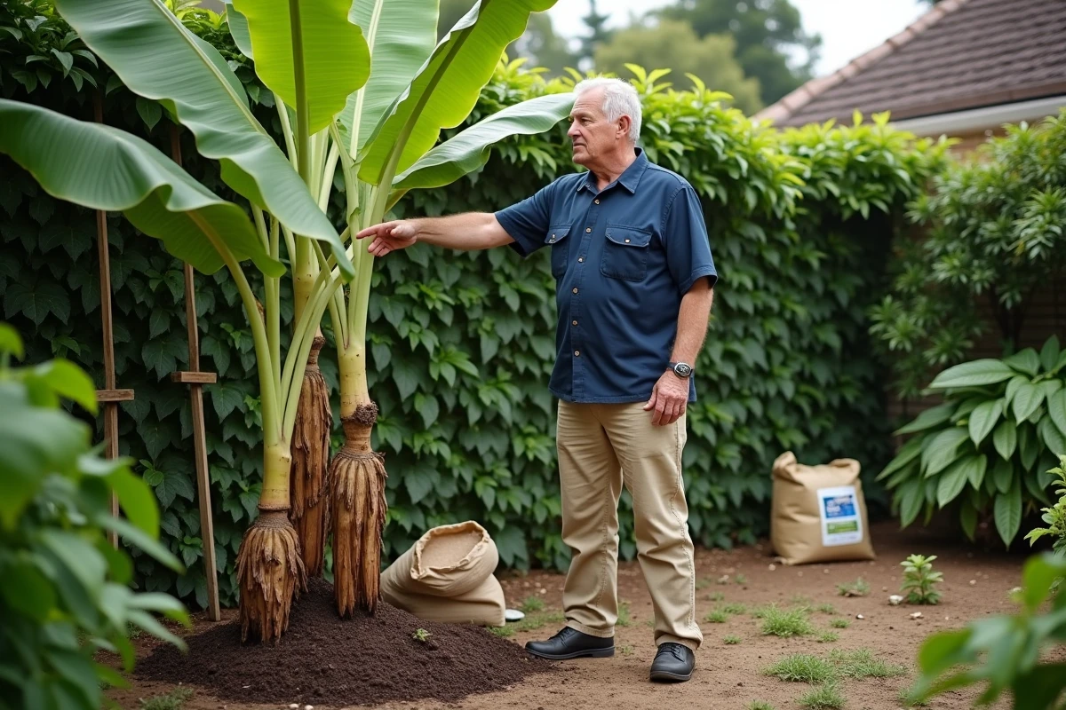 Jardinier expérimenté amendant la terre autour d'un bananier avec du compost pour corriger les erreurs de plantation