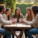 Groupe d'amis autour d'un café en terrasse ensoleillée