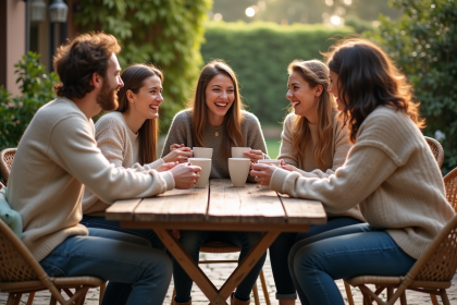 Groupe d'amis autour d'un café en terrasse ensoleillée