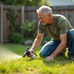Homme appliquant un désherbant sélectif sur une pelouse envahie de mauvaises herbes dans un jardin résidentiel