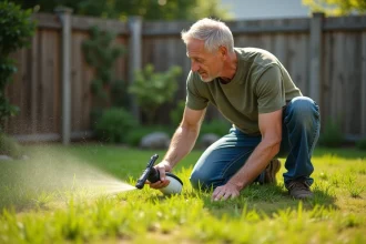 Homme appliquant un désherbant sélectif sur une pelouse envahie de mauvaises herbes dans un jardin résidentiel