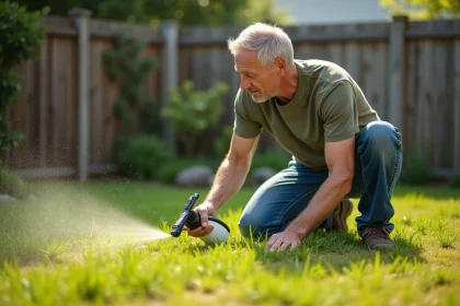 Homme appliquant un désherbant sélectif sur une pelouse envahie de mauvaises herbes dans un jardin résidentiel