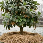 Arbre goyave en hiver avec paillage de protection autour du tronc dans un jardin givré