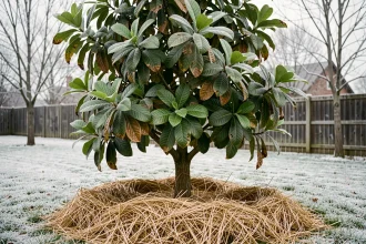 Arbre goyave en hiver avec paillage de protection autour du tronc dans un jardin givré