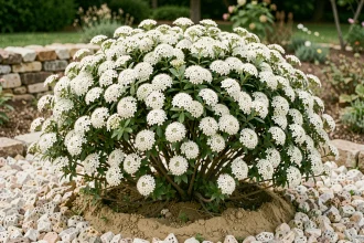 Arbuste à fleurs blanches en pleine floraison printanière planté dans un sol calcaire avec gravier calcaire au pied