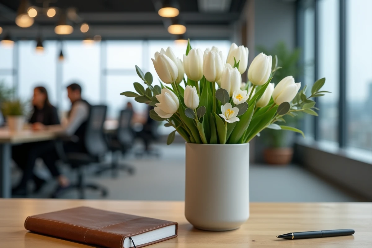 Arrangement de fleurs blanches en vase céramique sur un bureau en chêne dans un espace de travail professionnel en open space
