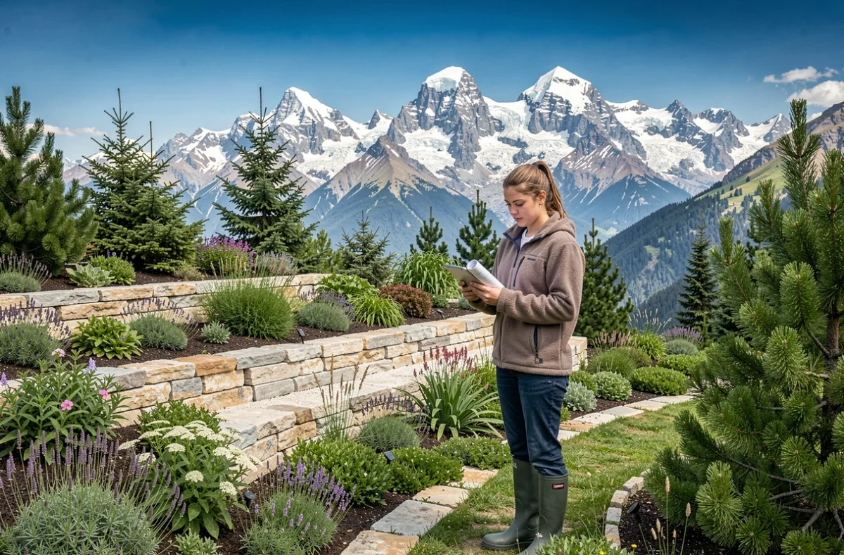 Conceptrice paysagère de l'Atelier Paysager devant un jardin alpin fraîchement aménagé en Haute-Savoie