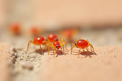 Petites bestioles rouges en gros plan sur carrelage extérieur beige, acariens du trèfle visibles avec détails biologiques précis