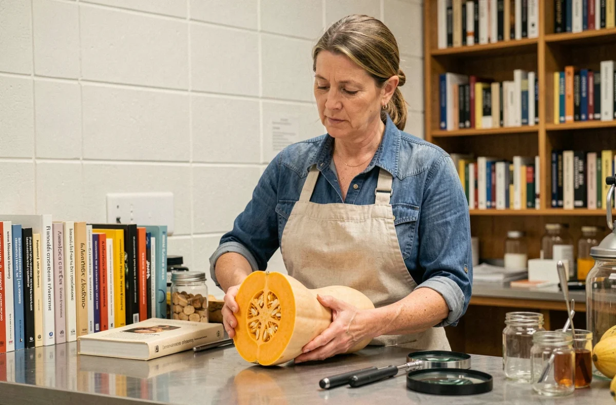 Botaniste étudiant une coupe transversale de courge butternut dans un laboratoire de taxonomie botanique
