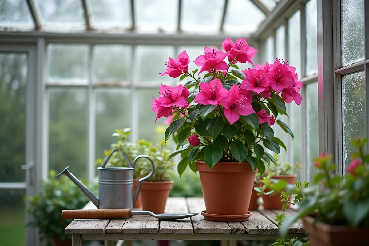 Bougainvillier en pot hiverné dans une véranda vitrée non chauffée pendant la saison froide