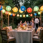 Boules lumineuses à changement de couleur suspendues dans un jardin lors d'une soirée festive en extérieur