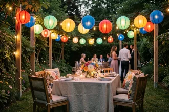 Boules lumineuses à changement de couleur suspendues dans un jardin lors d'une soirée festive en extérieur