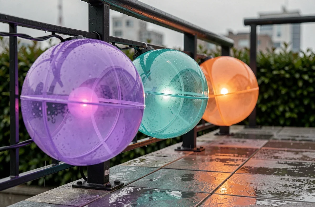 Gros plan sur des boules lumineuses colorées suspendues à une terrasse lors d'une fête en plein air