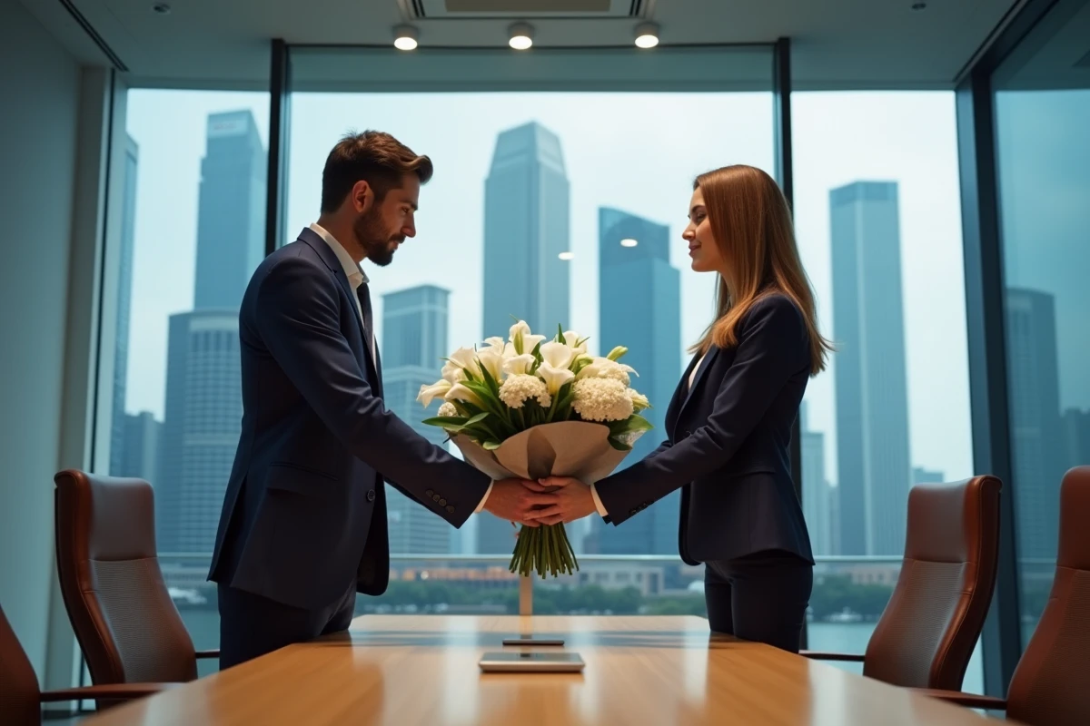 Cadre d'entreprise offrant un bouquet de fleurs blanches à une collègue dans une salle de réunion professionnelle