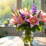 Bouquet de fleurs colorées sur une table en bois ensoleillée