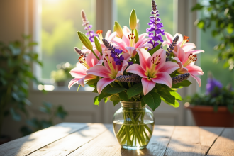 Bouquet de fleurs colorées sur une table en bois ensoleillée