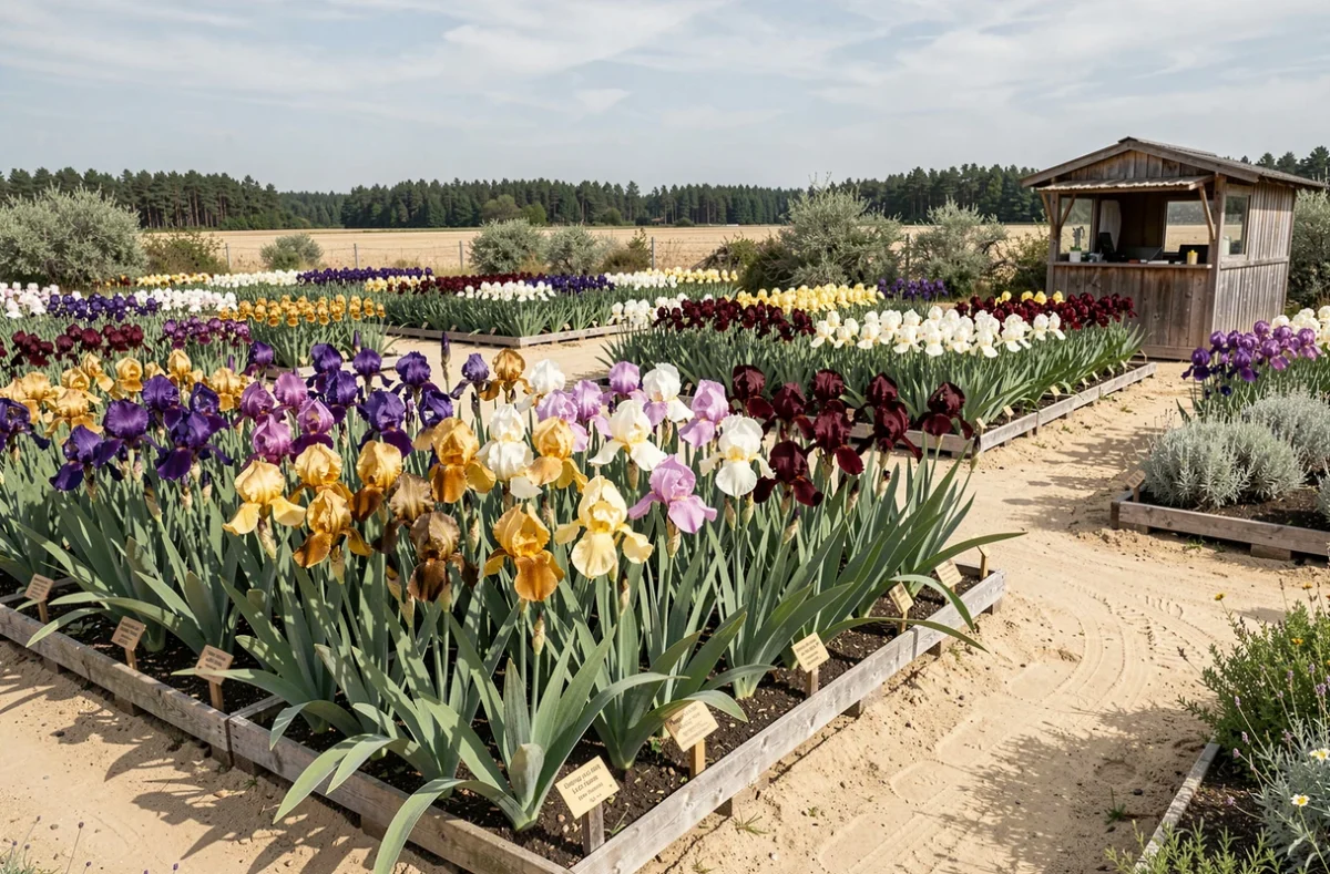 Massifs d'iris barbus en pleine floraison dans la pépinière Bourdillon Iris à Soings-en-Sologne