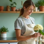 Femme plaçant une bouture d'hortensia dans un bocal en verre rempli d'eau sur un plan de travail en bois