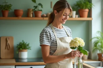 Femme plaçant une bouture d'hortensia dans un bocal en verre rempli d'eau sur un plan de travail en bois