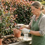 Femme en tablier de jardinage prenant une bouture de photinia avec un sécateur sur un établi en bois entouré de pots en terre cuite