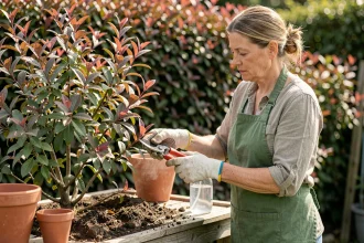 Femme en tablier de jardinage prenant une bouture de photinia avec un sécateur sur un établi en bois entouré de pots en terre cuite