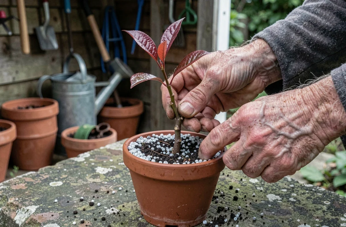 Mains masculines insérant une bouture de photinia dans un pot rempli de perlite humide sur une table en pierre au jardin