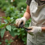 Femme en tablier de jardin effectuant une bouture de pivoine arbustive en coupant une tige semi-ligneuse avec un couteau à greffer