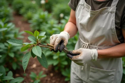 Femme en tablier de jardin effectuant une bouture de pivoine arbustive en coupant une tige semi-ligneuse avec un couteau à greffer