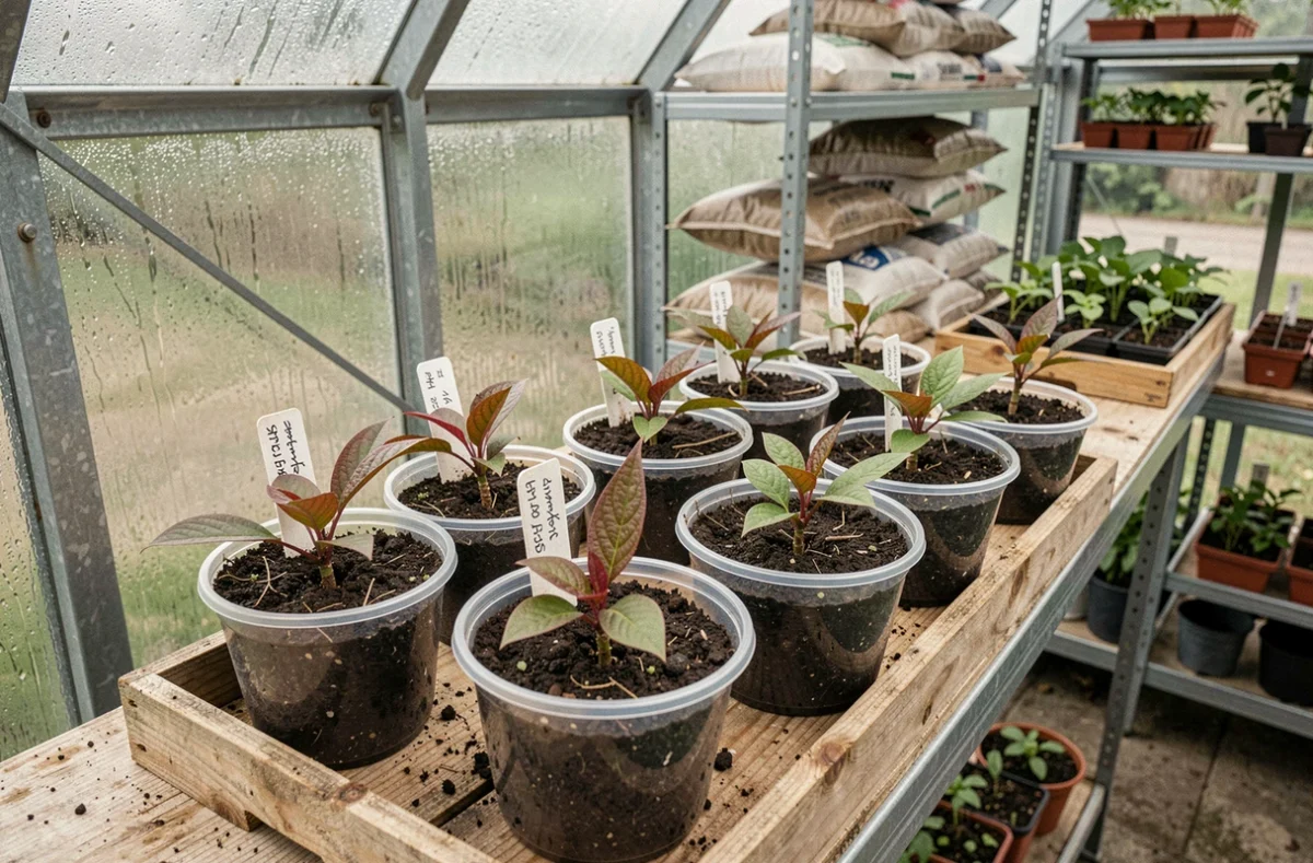 Rangée de boutures de photinia en petits pots transparents dans une serre avec étiquettes manuscrites et nouvelles pousses rouges
