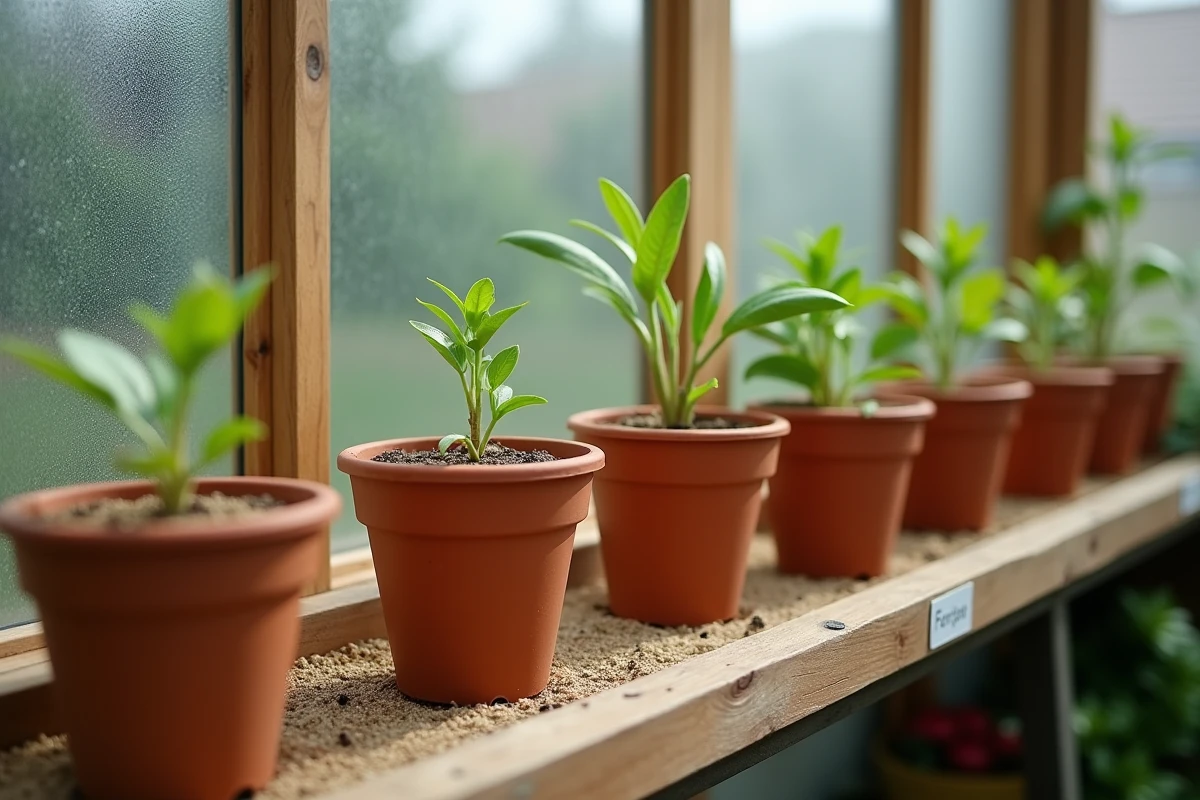 Rangée de petits pots en terre cuite contenant des boutures de pivoine arbustive insérées dans un substrat drainant sous un châssis froid en bois et verre dans une serre