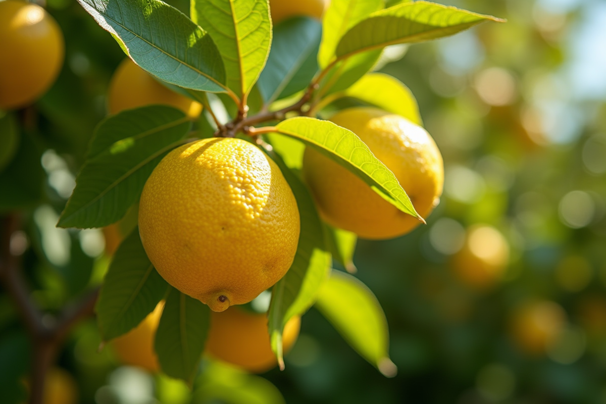 Branche de citronnier en plein soleil avec feuilles vertes et jaunes
