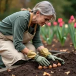 Jardinière examinant des bulbes de tulipe laissés en terre en automne dans un jardin de cottage