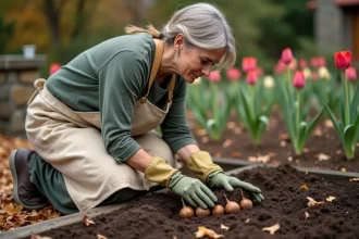 Jardinière examinant des bulbes de tulipe laissés en terre en automne dans un jardin de cottage