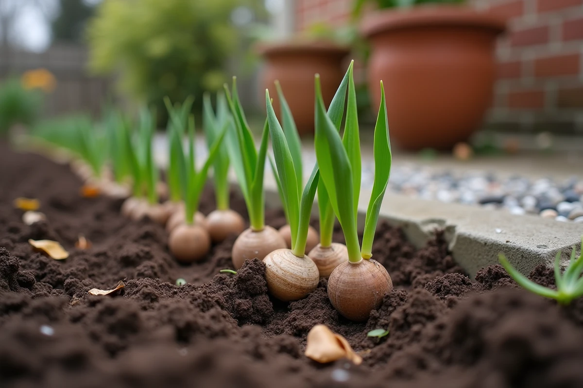Bulbes de tulipe laissés en terre avec de jeunes pousses vertes émergeant du sol au printemps