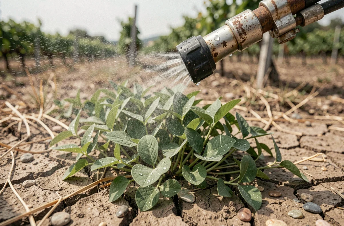Gros plan d'une buse de pulvérisation d'herbicide glyphosate au-dessus de mauvaises herbes sur un sol agricole espagnol aride