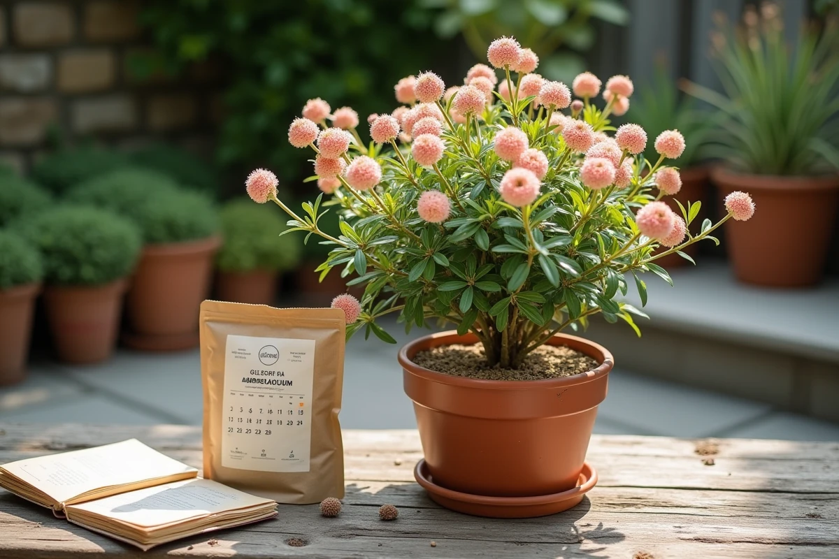Plante waxflower Chamelaucium uncinatum en pot sur une table de jardin avec un calendrier d'entretien mensuel et engrais