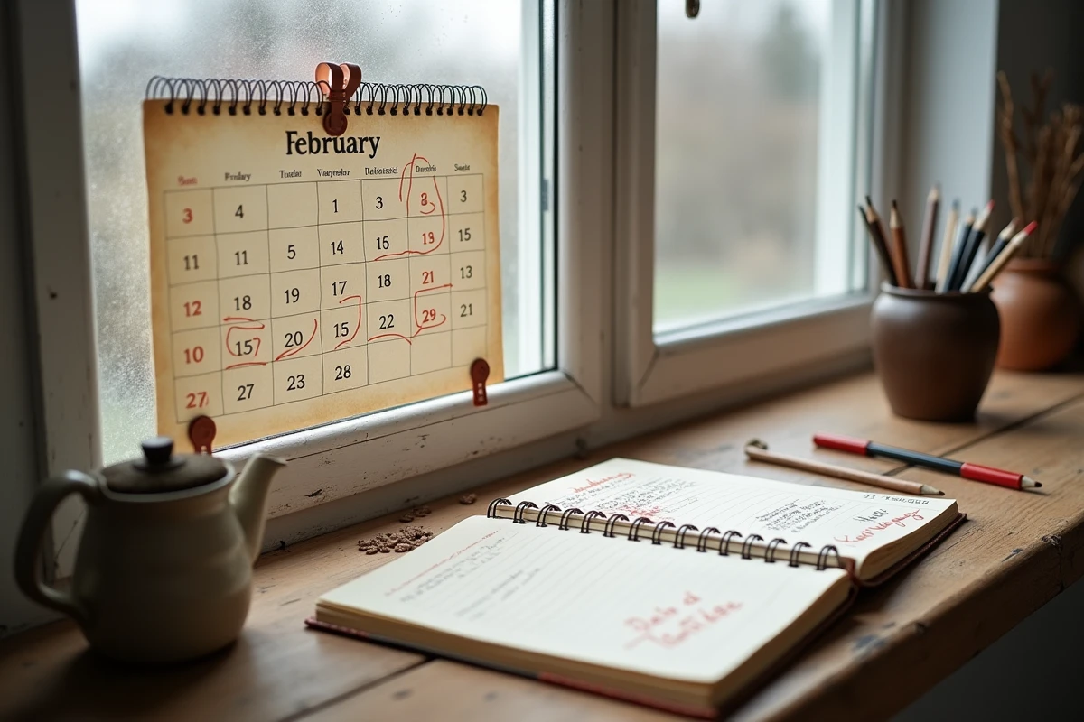 Calendrier de février avec dates de semis de tomates cerclées et carnet de jardinage ouvert sur un rebord de fenêtre en hiver