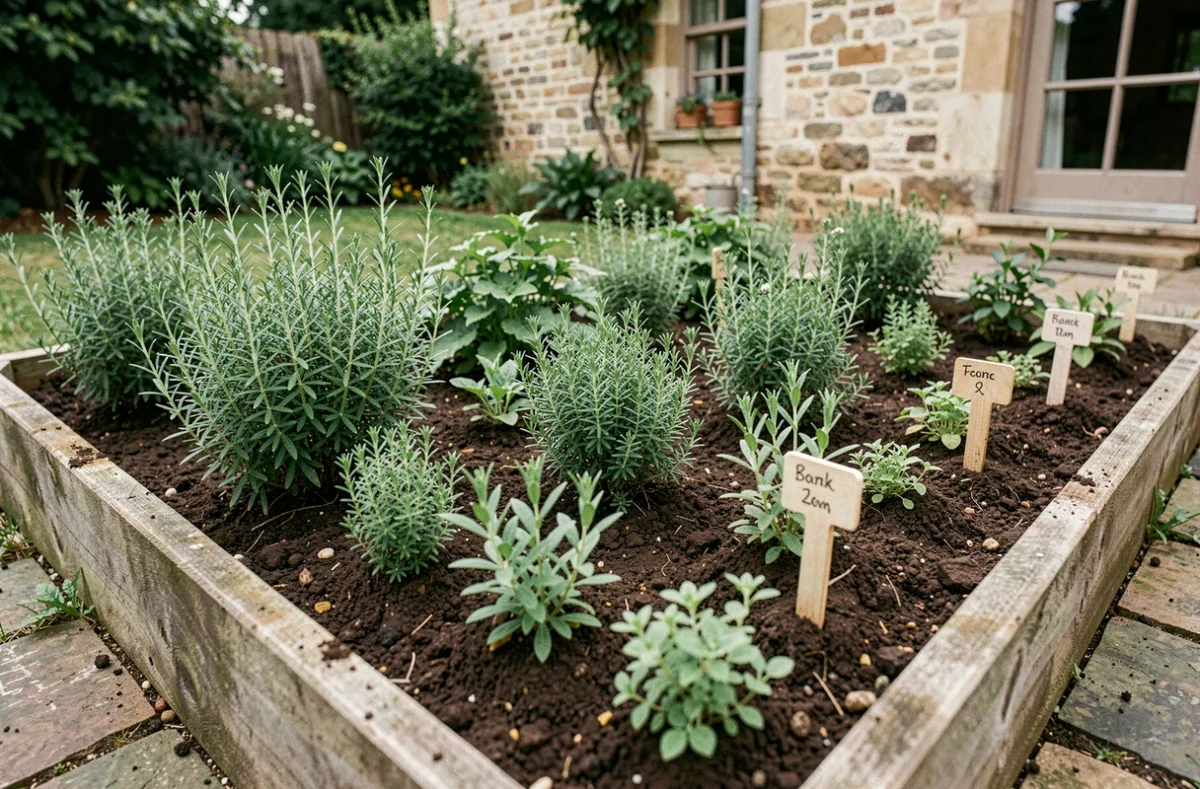 Carré de jardin potager avec plusieurs plants de thym en rangées dans un sol riche, entourés de pierres et d'étiquettes de plantes