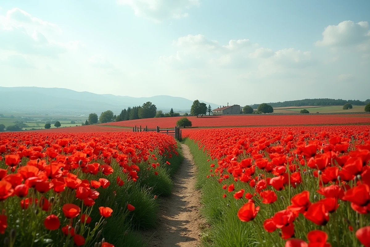 Champ de coquelicots rouges à perte de vue avec un village en arrière-plan, paysage champêtre symbolique