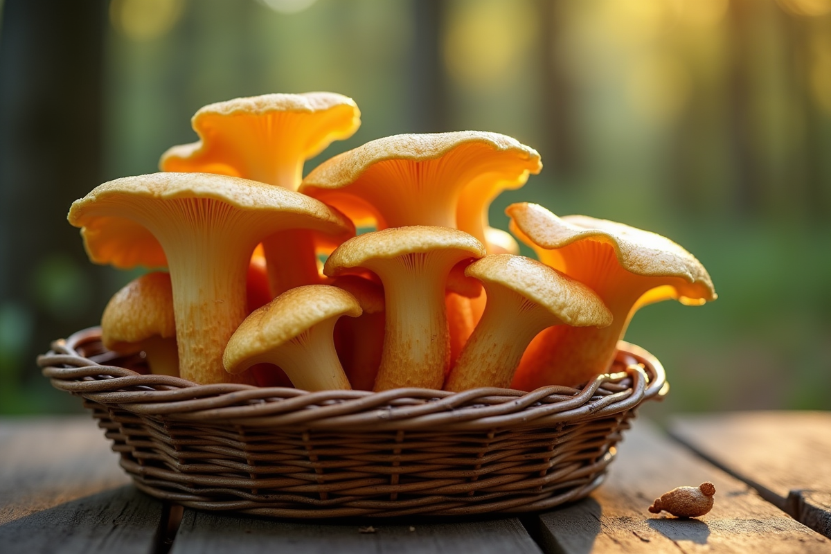 Chanterelles fraîches dans un panier en osier sur une table en plein air