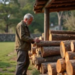 Homme en vêtements de travail empilant du bois d'albizia à l'extérieur