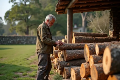 Homme en vêtements de travail empilant du bois d'albizia à l'extérieur